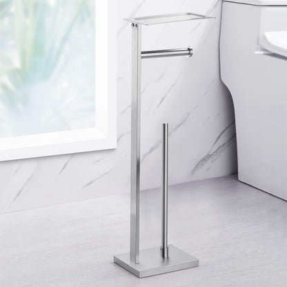 Miyili Matte Black Freestanding Toilet Paper Holder with Shelf, Premium SUS 304 Stainless Steel Bathroom Storage Organizer & Paper Towel Dispenser