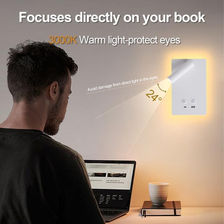 MOLUOLA LED Wall Lamp Wall Mounted Reading Lights, Adjustable Headboard Plug in Wall Sconce with USB C+A Ports, Headboard Bedside Lamp with 9W+3W Night Light 3000K (White)