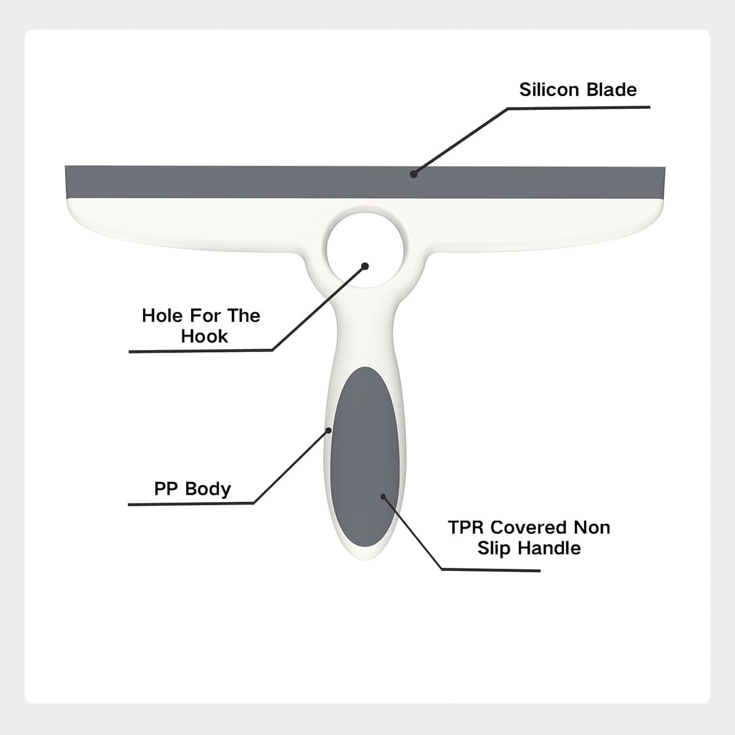 Shower Squeegee for Glass Doors & Walls - 10" Squeegee with Adhesive Hook - Pack of 2/Gray