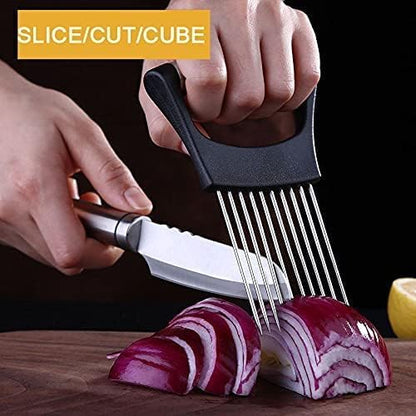 Onion Holder & Lemon Slicer Cutter Tool – Stainless Steel Vegetable & Fruit Slicing Assistant for Easy, Safe Cutting (Silver)