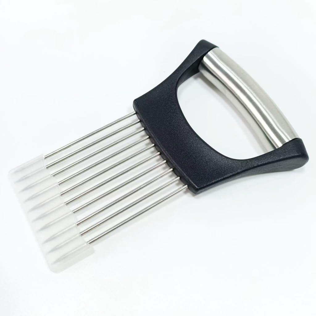 2Pcs onion slicer， Kitchen Prong Slicer for Vegetables and Meat, Stainless Steel Tines with Safety Handle, Black (2)