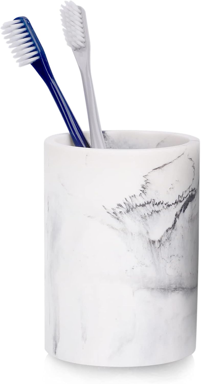 Marble Look Toothbrush Holder for Bathroom Countertop Organizer, Holds Toothpaste, Dental Floss, Razor, Comb, Makeup Brushes, and More, Stylish Bathroom Accessory for Tooth Brushing Essentials