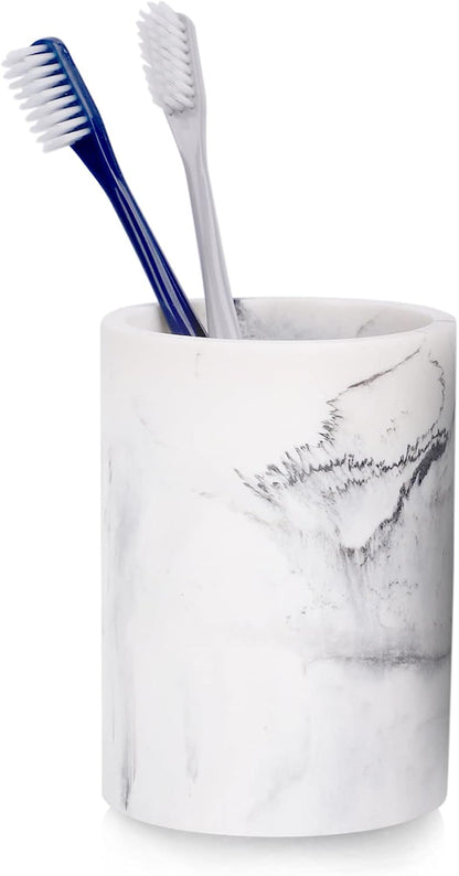 Marble Look Toothbrush Holder for Bathroom Countertop Organizer, Holds Toothpaste, Dental Floss, Razor, Comb, Makeup Brushes, and More, Stylish Bathroom Accessory for Tooth Brushing Essentials