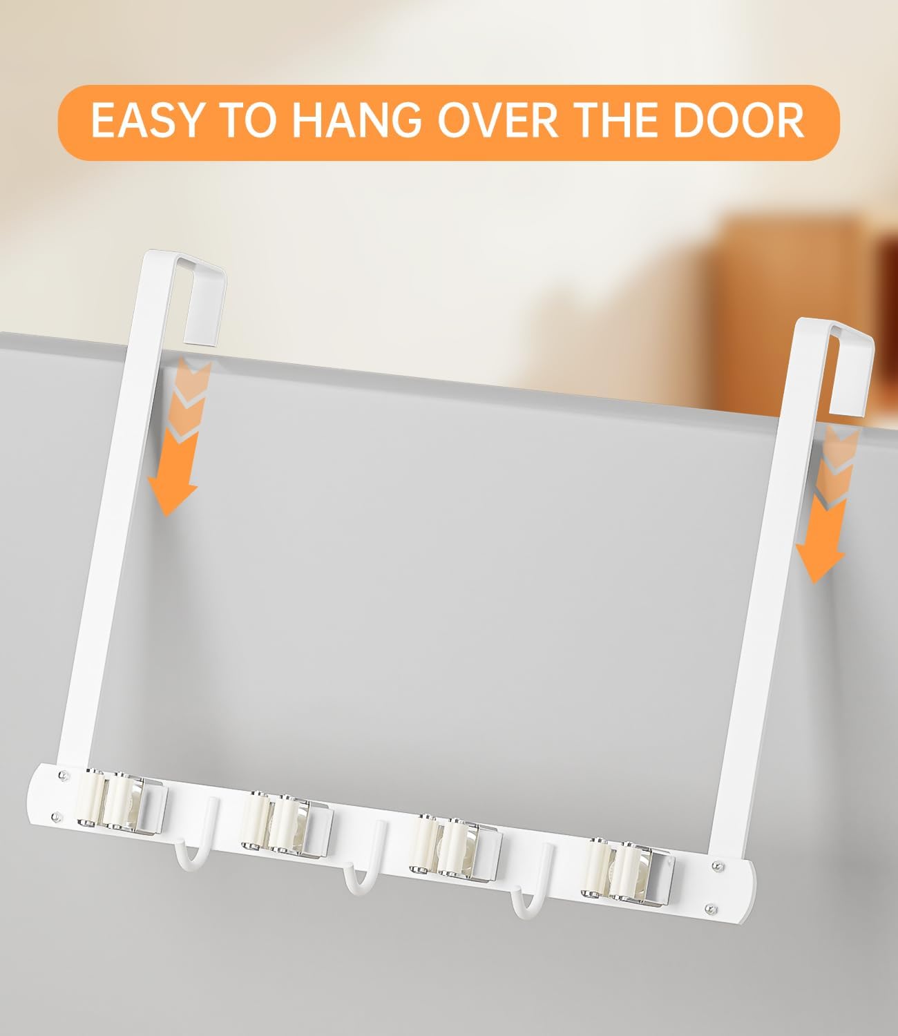 Broom Holder Over The Door with Hooks -304 Stainless Steel (Black) | Save Space, Anti-Rust & Sturdy, Mop and Broom Holder Wall Mounted or Hanging Over The Door, for Garage Laundry Kitchen