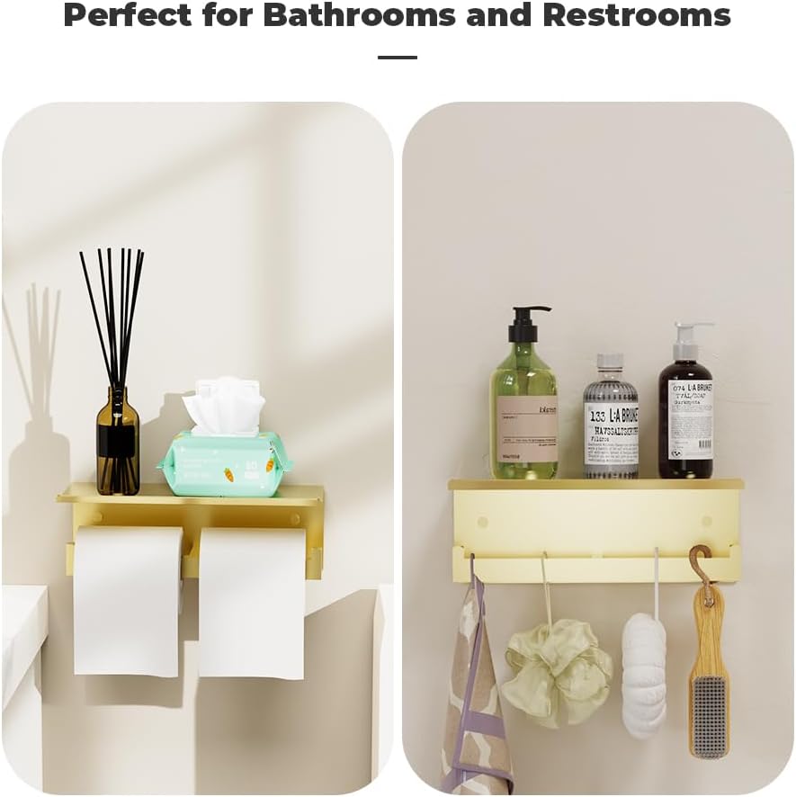 Double Toilet Paper Holder with Shelf, FreshGlow Large Tissue Holder Brushed Nickel, Wall Mount Commercial Toilet Paper Dispenser Phone Shelf Stainless Steel, Tissue Roll for Bathroom