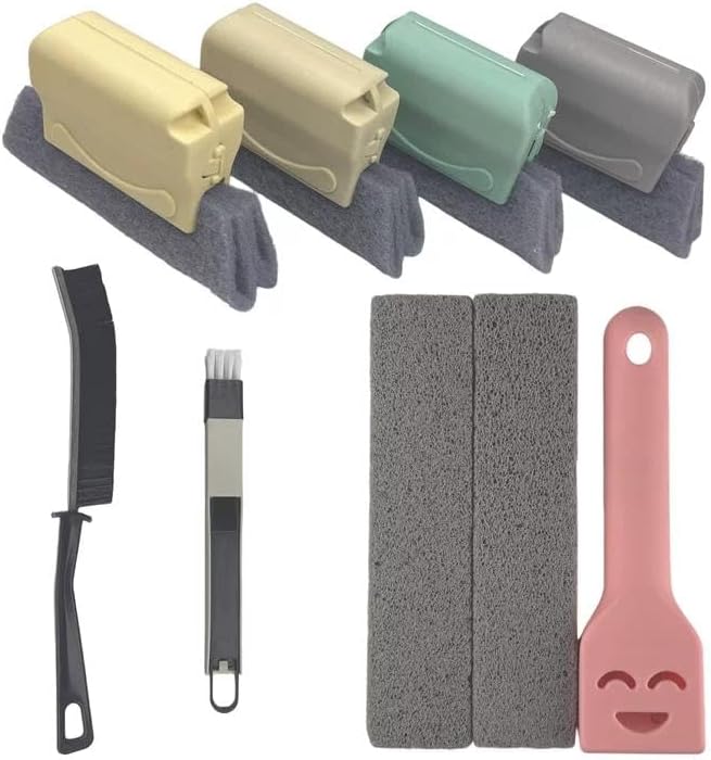 Window Track Cleaning Tool Set, 4Pcs Washable Sponge Brushes with Corner Scraper & Detachable Head, Deep Clean for Window Grooves, Sliding Doors, Tile Grout, Air Vents & Keyboard Gaps