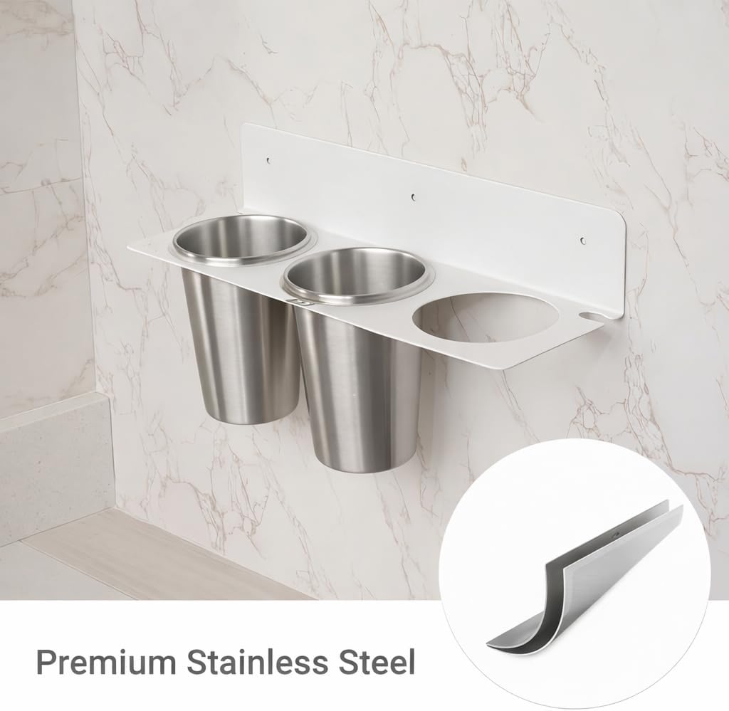 Hair Tool Organizer Wall Mount, Stainless Steel Hair Tool Holder with 2 Heat-Resistant Cups, Curling Iron Holder for Vanity, Hot Tools Organizer with PVC Ring,Hair Dryer Holder for Bathroom, BANJEKT