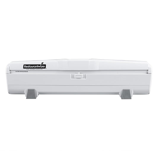 Restaurantware-Chef 101 Food Wrap Dispenser with Cutter, 1 Refillable Cling Wrap Dispenser - Fits 12” to 18” x 1000’ Rolls, Press Down and Cut, White Plastic Aluminum Foil, Sharp Blade