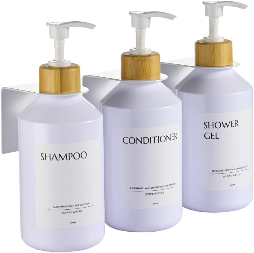 Shampoo and Conditioner Dispenser Set of 3 for Wall Mount | 16.9 fl oz Drill Free Shower Soap Bottles,Refillable Body Wash Dispensers for Bathroom Decor (Amber Bottles + Bamboo Pumps)