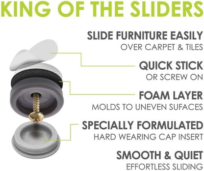 GorillaGlides 1 Inch Chair Sliders/Furniture Floor Protectors (16 Furniture Glides) Self-Adhesive Screw On Chair Glides for Sliding on Low-Pile Carpet & Hard Surface Floors, Round