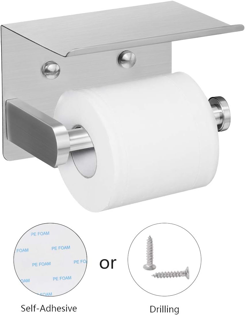 VAEHOLD Self Adhesive Toilet Paper Holder with Phone Shelf Stainless Steel Wall Mounted Toilet Paper Roll Holder - Rustproof and Bathroom Washroom Tissue Roll Holder with Shelf - Black