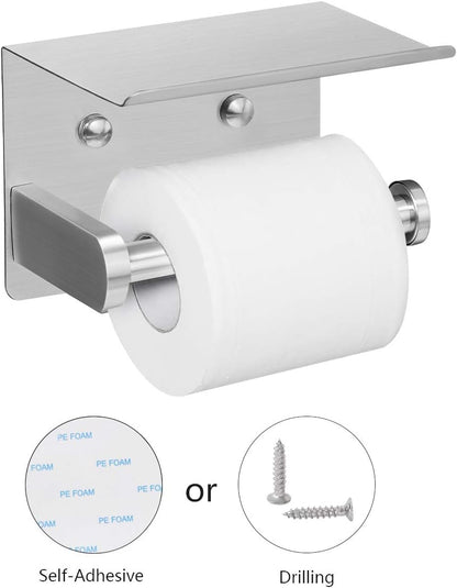 VAEHOLD Self Adhesive Toilet Paper Holder with Phone Shelf Stainless Steel Wall Mounted Toilet Paper Roll Holder - Rustproof and Bathroom Washroom Tissue Roll Holder with Shelf - Black