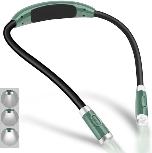 Rechargeable 4 LED Neck Reading Light, Book Lights for Reading in Bed, 3 Brightness Levels, Bendable Arms, Long Lasting. Perfect for Reading, Craft & Knitting (Army Green)
