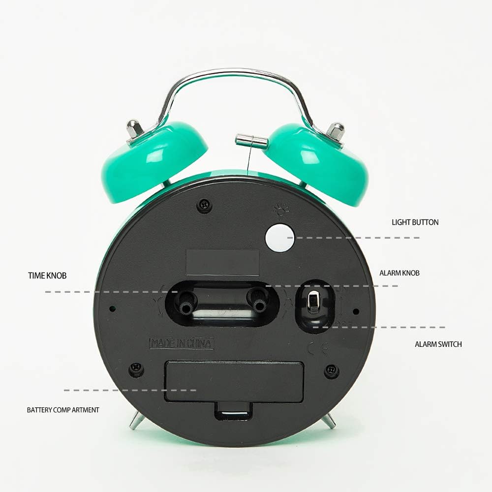 FLOITTUY Loud Alarm for Deep Sleepers 4'' Twin Bell Alarm Clock with Backlight for Bedroom and Home Decoration(Green)
