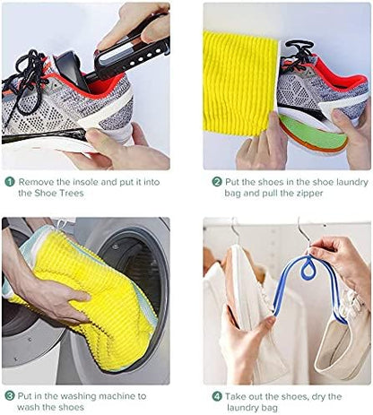 Shoe Washing Bag for Washing Machine, Fluffy Fibers Keep 360° Wrap-around Cleaning, Adjustable Shoe Trees, Durable Hidden Zipper Reusable Laundry Bag for Sneaker Gym Shoes White