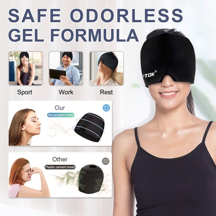 Migraine Headache Relief Cap, Gel Ice Head Wrap, Hot and Cold Therapy, Headache Eyes Mask for Sinus, Puffy Eyes, Tension and Stress Relief (Blue)