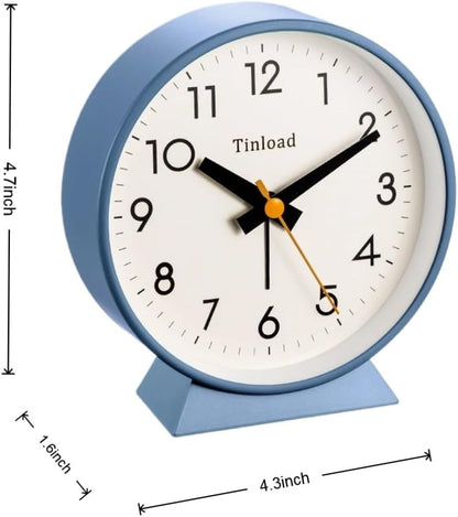 Tinload 4.5" Battery Operated Analog Alarm Clock, Small Silent Bedside Desk Clock with Night Light, Blue