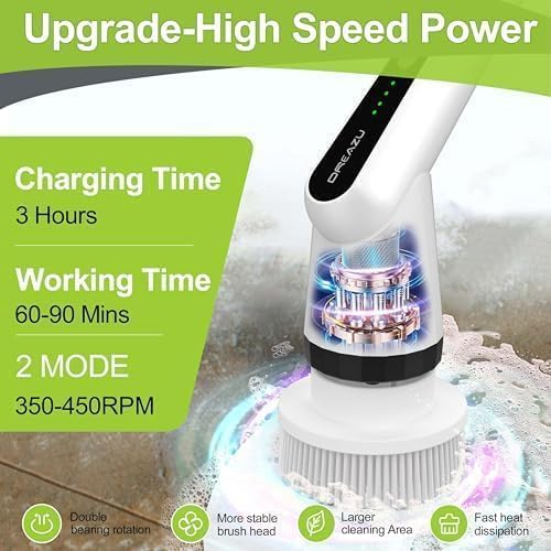 WKY-Electric Spin Scrubber - 10-in-1 Cordless Shower Scrubber & Cleaning Brush with Extendable Handle, 42 in-lbs Ultra High Torque, 2 Speeds, IPX7, LED Display, Smart AI Chip, for Bathroom, Kitchen