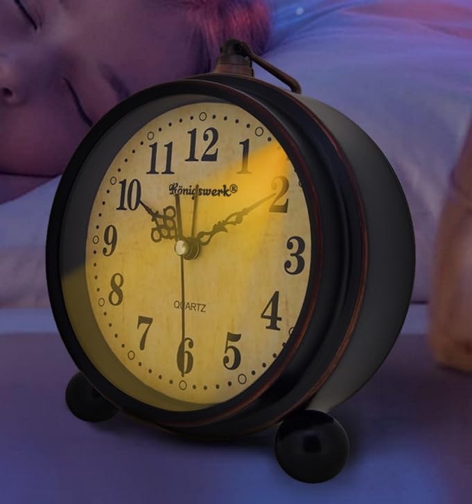 Vintage Analog Alarm Clock | Classic Small 5.25 inch Silent Desk Clock Night Light Battery Operated Table Bedroom