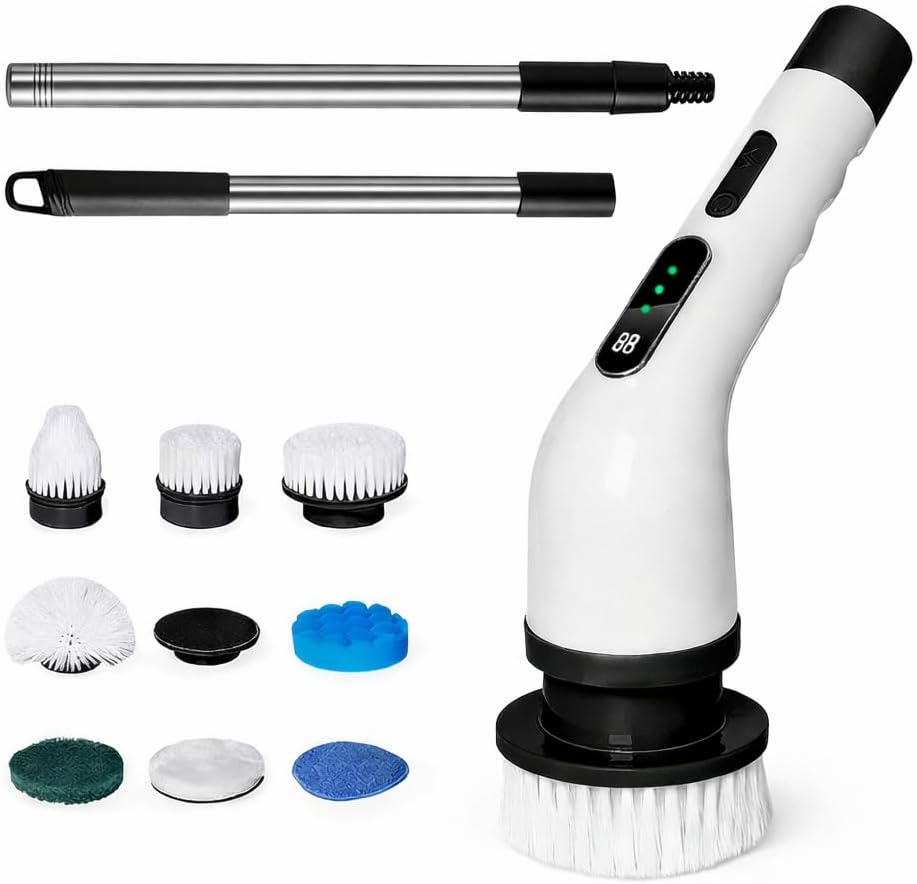 Premium Electric Bathroom Cleaning Brush, Waterproof Cordless Bathroom & Kitchen Cleaning Brush with Adjustable Handle & 9 Replaceable Heads – Powerful Deep Clean Tile, Grout, Tub, Window & Floor