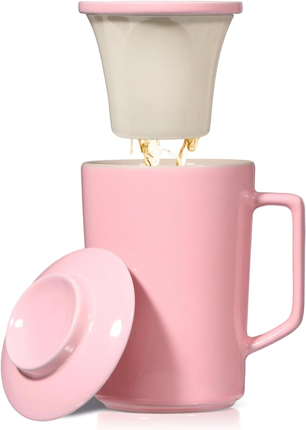 15 oz Ceramic Tea Infuser Cup with Lid - Tea Mug with All Porcelain Strainer for Loose Leaf Teas,Microwave and Dishwasher Safe,Metal-Free,BPA-Free for Tea Lovers/Birthday (Black)