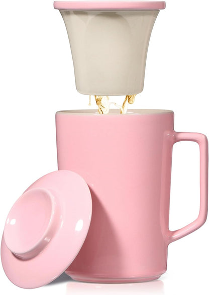 15 oz Ceramic Tea Infuser Cup with Lid - Tea Mug with All Porcelain Strainer for Loose Leaf Teas,Microwave and Dishwasher Safe,Metal-Free,BPA-Free for Tea Lovers/Birthday (Black)
