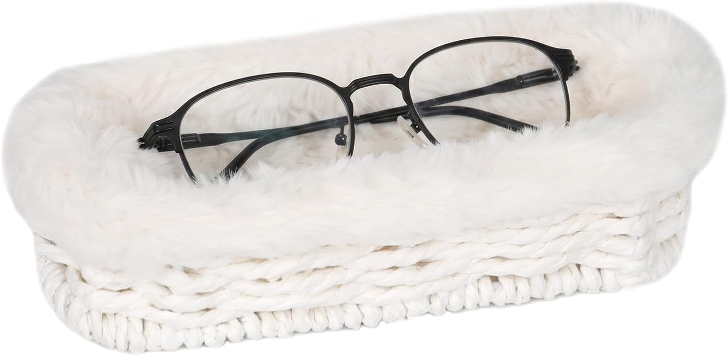 Glasses Holder, Paper Rope Plush Lined Eyeglass Holder Stand, Jewelry Key Tray Storage Organizer for Nightstand, Desk