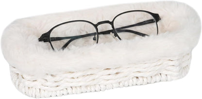 Glasses Holder, Paper Rope Plush Lined Eyeglass Holder Stand, Jewelry Key Tray Storage Organizer for Nightstand, Desk