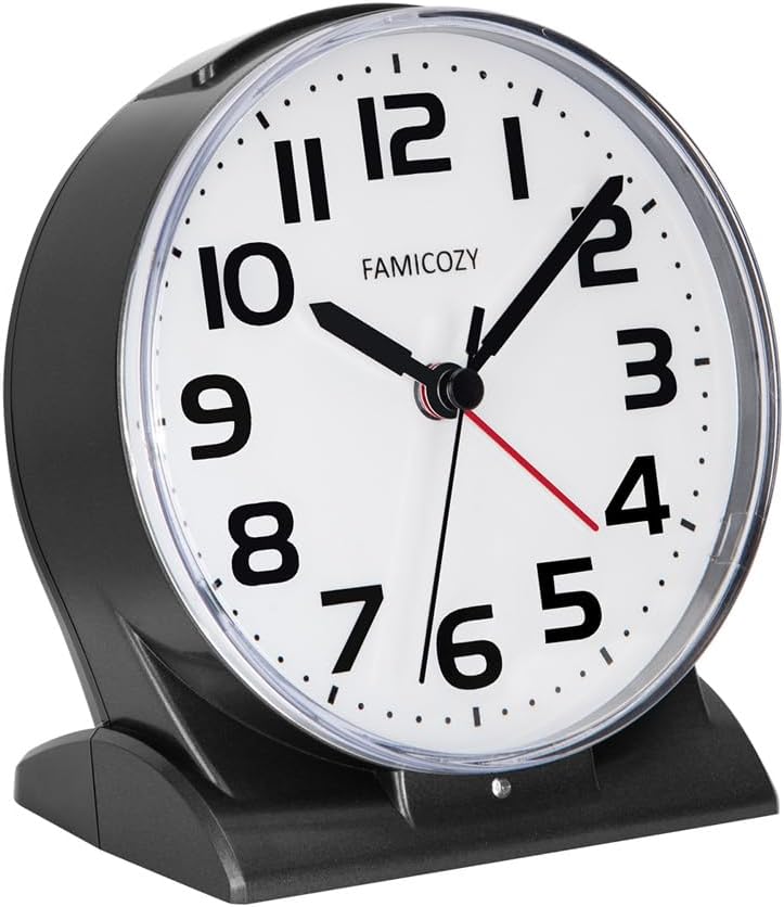 FAMICOZY Automatically Backlighted Alarm Clock,Silent No Ticking for Seniors Vision Impaired,Easy to Set,Big Numbers,Ascending Alarm,Gentle Wake,Snooze,2 AA Battery Operated,Black