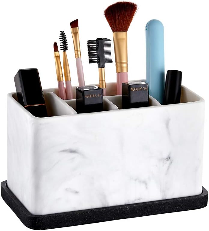 Marble Look Toothbrush Holder for Bathroom Countertop Organizer, Holds Toothpaste, Dental Floss, Razor, Comb, Makeup Brushes, and More, Stylish Bathroom Accessory for Tooth Brushing Essentials