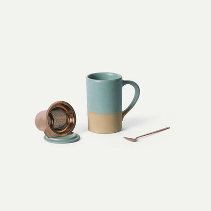 Mora Ceramics Tea Cup with Loose Leaf Infuser, Spoon and Lid, 12 oz, Microwave and Dishwasher Safe Coffee Mug - Rustic Matte Ceramic Glaze, Modern Herbal Tea Strainer - Great Gift for Women, Garnet