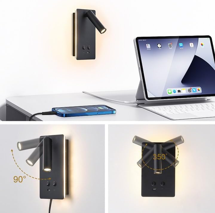 MOLUOLA LED Wall Lamp Wall Mounted Reading Lights, Adjustable Headboard Plug in Wall Sconce with USB C+A Ports, Headboard Bedside Lamp with 9W+3W Night Light 3000K (White)