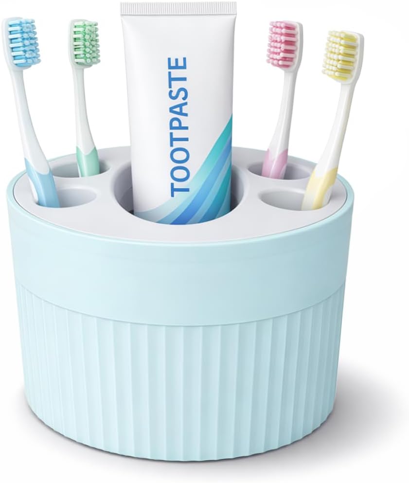 Toothbrush Holder for Bathroom Countertop, Multi-Slot Toothbrush Caddy with Drainage, Detachable Design, Non-Slip Base, Toothpaste Organizer (1, Blue)