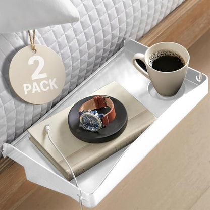 Modern Innovations 2 Count Bedside Organizer for Bed – Clip On Tray with Cup & Cord Holder – for College Dorm, Top Bunk, or Kids Bedroom (White)