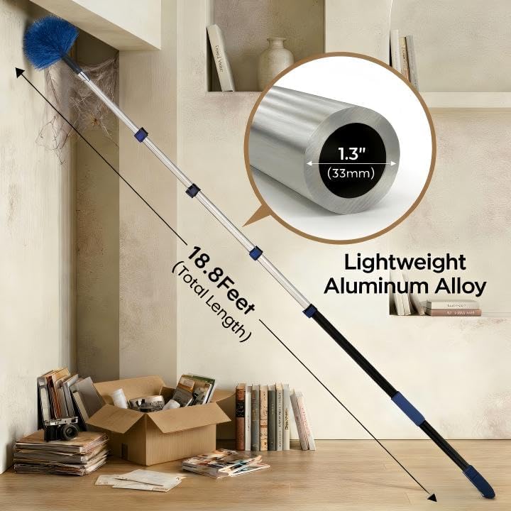 20ft High Ceiling Duster Kits with 5-12ft Heavy Duty Extension Pole - Fan Blade Cleaner, Cobweb Remover & Blue Window Squeegee Kit, Washable Dust Brush for High Roof and Glass Surfaces