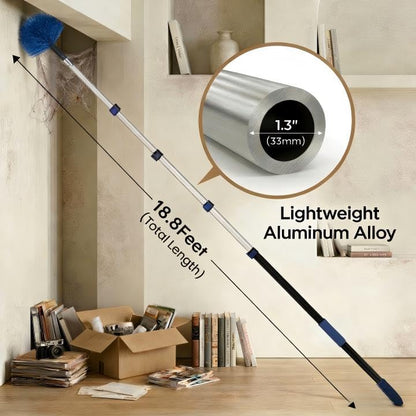 20ft High Ceiling Duster Kits with 5-12ft Heavy Duty Extension Pole - Fan Blade Cleaner, Cobweb Remover & Blue Window Squeegee Kit, Washable Dust Brush for High Roof and Glass Surfaces