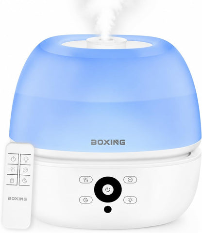 BOXING 3L Top Fill Humidifier for Bedroom, 20dB Whisper-Quiet Cool Mist with Easy Remote Control, 30H Runtime, Night Light, Essential Oil Tray, Timer for Baby, Plants and Home