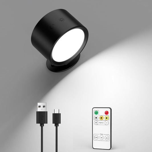 LED Wall Mounted Lights 2 Pcs with Remote, Rechargeable Wall Sconce with 3 Color Temps & Dimmable Magnetic 360° Rotation Cordless Light for Bedroom Reading Bedside (Black, 1 Pack)