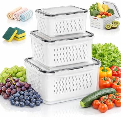 2026 Upgraded 4 in 1 Food Storage Container, Fruit Storage Containers for Fridge with Removable Colanders, Household Transparent Plastic Food Storage Box-Including Drain Basket (Blue,S+M)