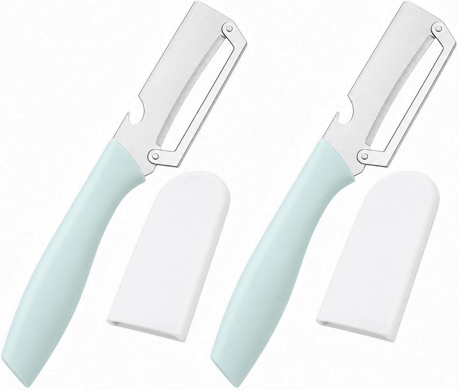 Vegetable Peeler 2 Pack, 3-in-1 Stainless Steel Tool for Kitchen | Fruit peeler and bottle opener with protective covers for drawers, camping, BBQs and RV meal prep