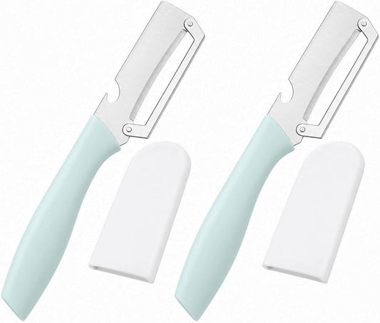 Vegetable Peeler 2 Pack, 3-in-1 Stainless Steel Tool for Kitchen | Fruit peeler and bottle opener with protective covers for drawers, camping, BBQs and RV meal prep