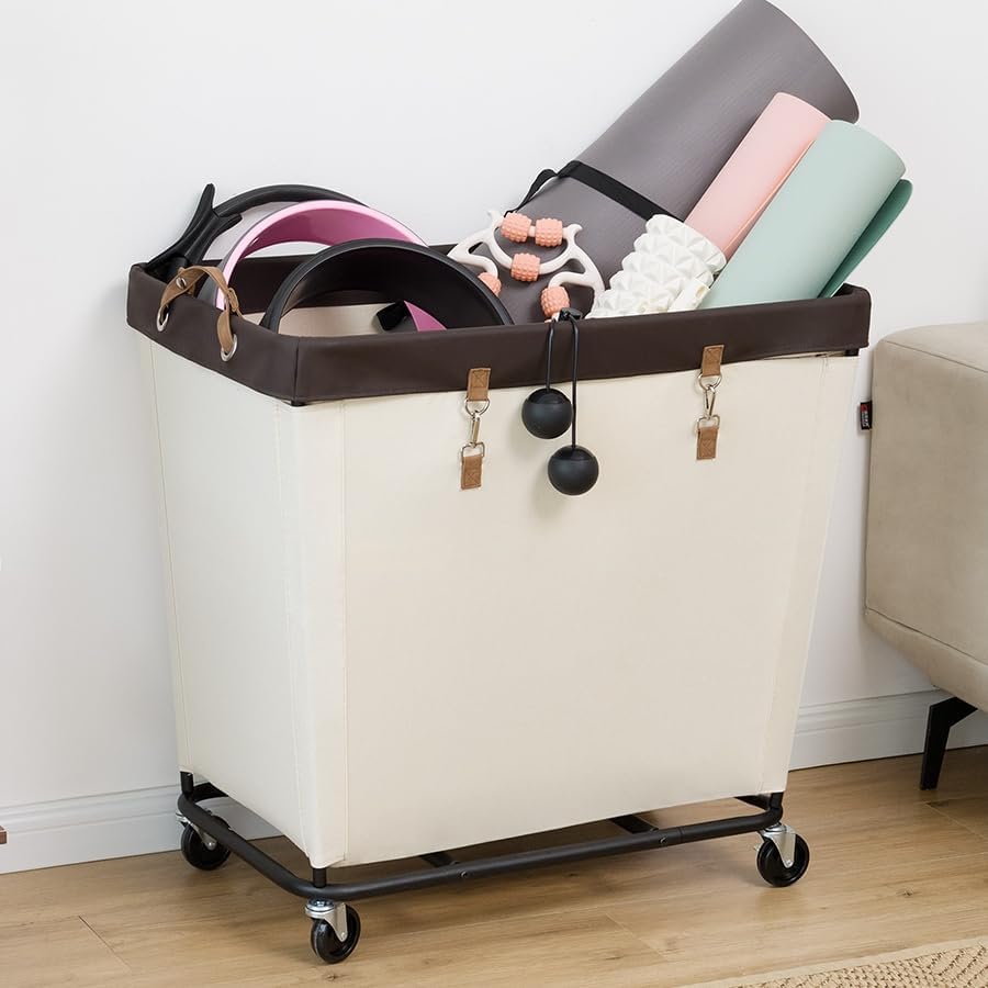 StorageWorks 160L Laundry Basket with Wheels, Rolling Hampers for Clothing | Beige Laundry Basket with Wheels, Metal Frame & Handles, Rolling Hamper for Bedroom, Bathroom, Dorm, Hotel