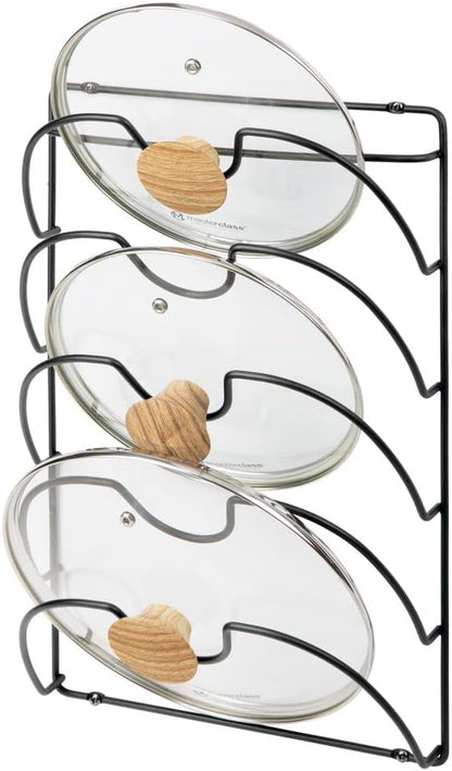 mDesign Metal Wire Pot and Pan Lid Rack Organizer for Kitchen Cabinet Doors or Wall Mount - Upright Storage Holder with 5 Slots - Black