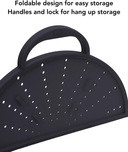 Silicone Splatter Screen, 2-in-1 Trivet & Splatter Screen, Black | Foldable BPA-free silicone guard blocks grease splatter, vents steam, opens for stirring, doubles as heat-resistant trivet