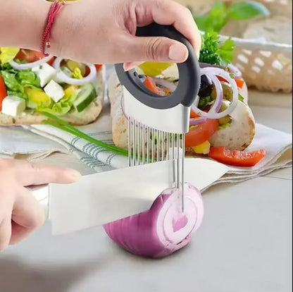 Onion Holder & Lemon Slicer Cutter Tool – Stainless Steel Vegetable & Fruit Slicing Assistant for Easy, Safe Cutting (Silver)