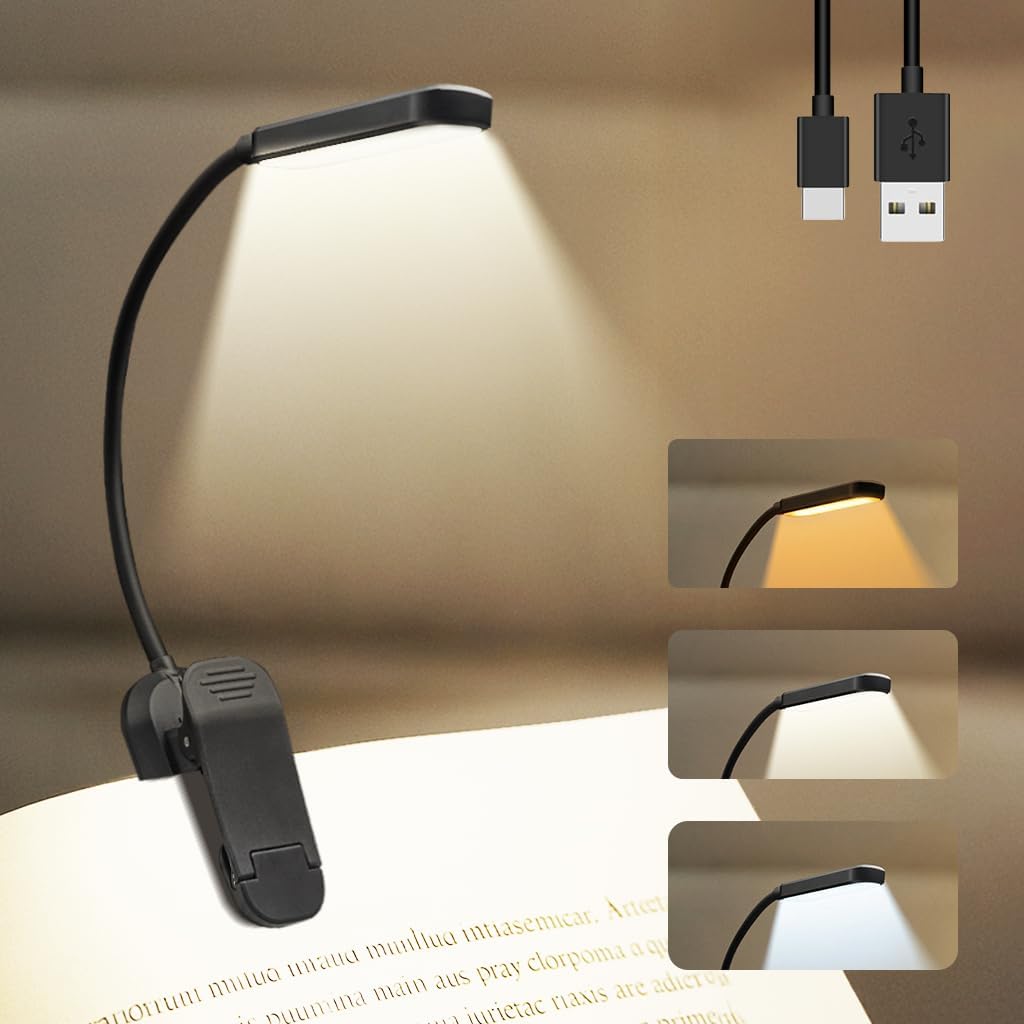 Rechargeable Book Light for Reading in Bed 25 LED - Eye Caring 15 Level Stepless Dimming, Extended 90Hrs Runtime, Lightweight Clip on Light, Gifts for Book Lovers, Black