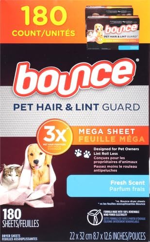 Bounce Pet Hair and Lint Guard Mega Dryer Sheets with 3X Pet Hair Fighters, Fresh Scent, 180 Count