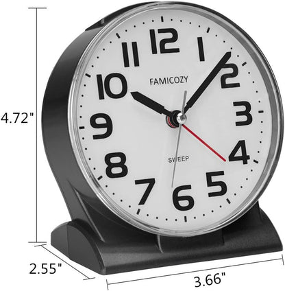 FAMICOZY 4.5" No Ticking Analog Alarm Clock,Silent Readable for Seniors,Easy to Set,Gradual Rise Alarm,Big Numbers,On/Off Switch on Side,Gentle Wake,Snooze Soft Backlight,Battery Operated,Black
