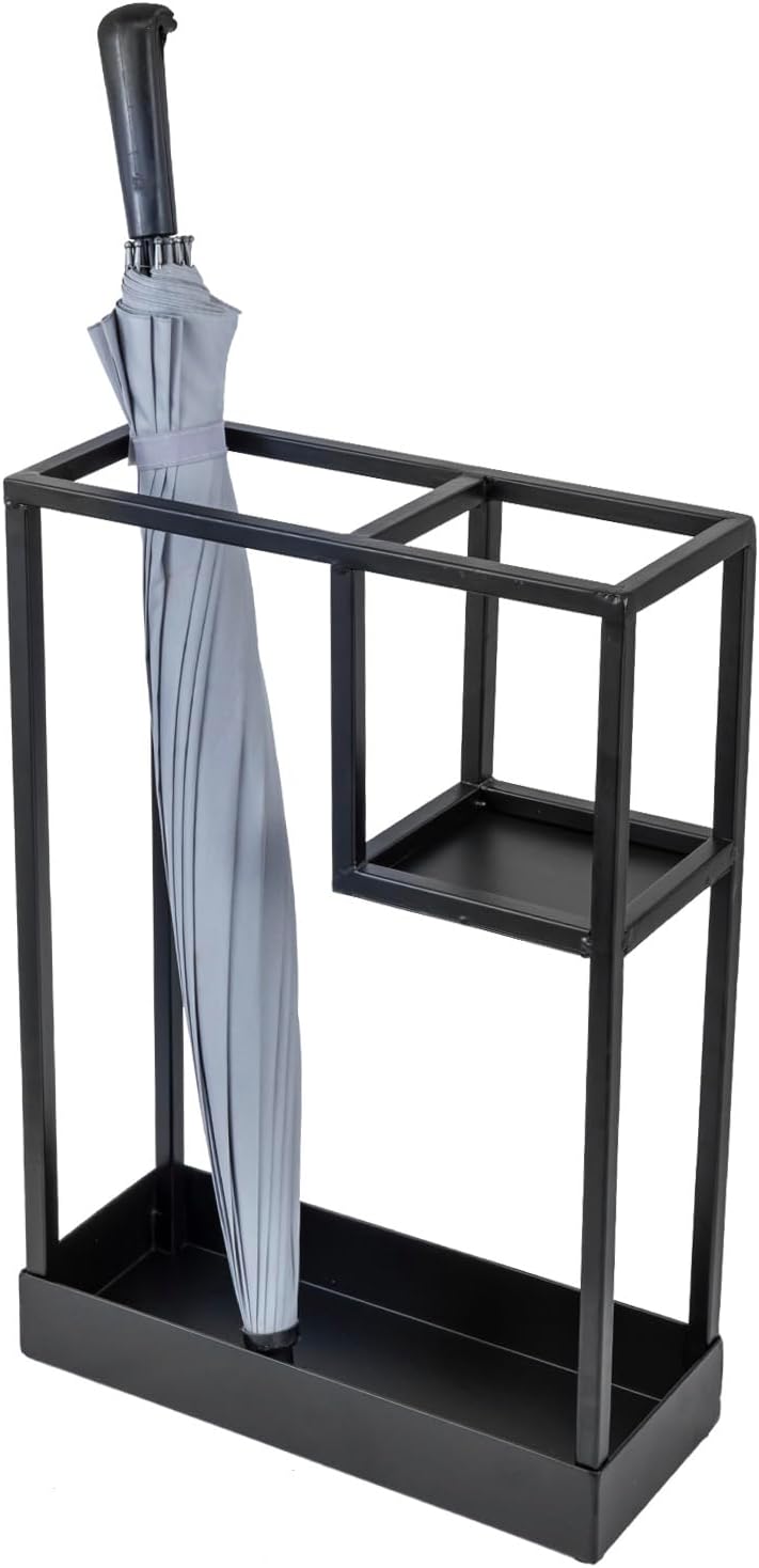 MyGift 20 Inch Brass Tone Metal Umbrella Stand with Drip Tray | Freestanding Rain Gear Storage - Long Short Umbrellas Canes Walking Sticks Entryway Lobby Office Floor Standing Drip Catcher