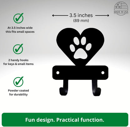 Miniature Dog Paw in Heart - Key Rack Holder (3.5 inches) | Made in USA. 2 Hooks. Wall Mounted